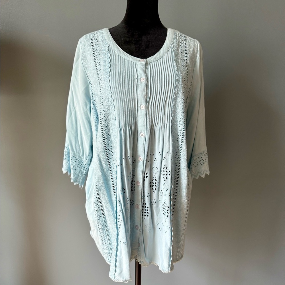 Denim 24/7 Green Pleated Mandarin Collar Blouse